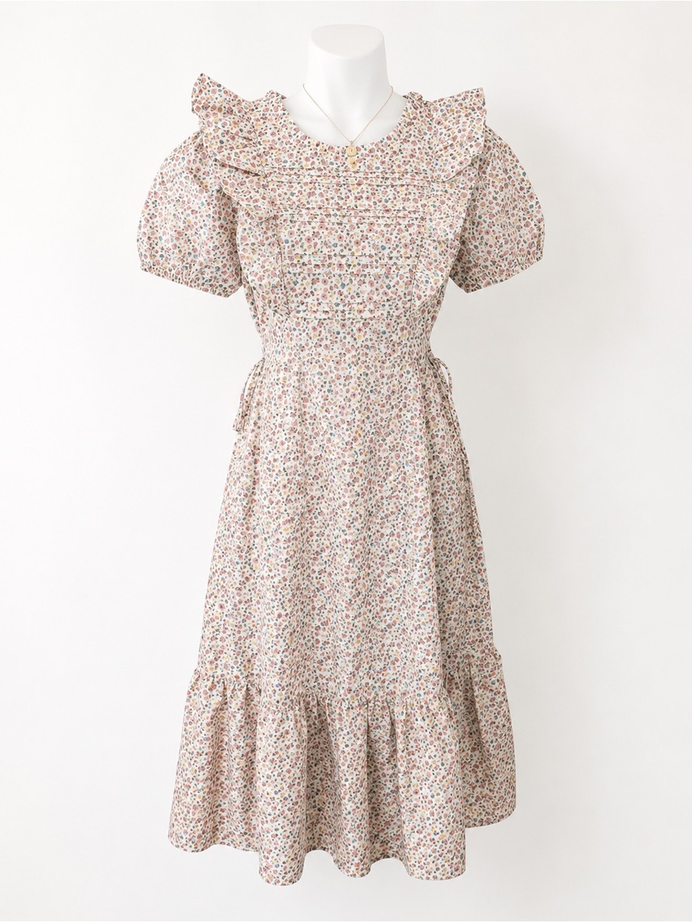 Floral Ruffle Midi Dress in Light Beige